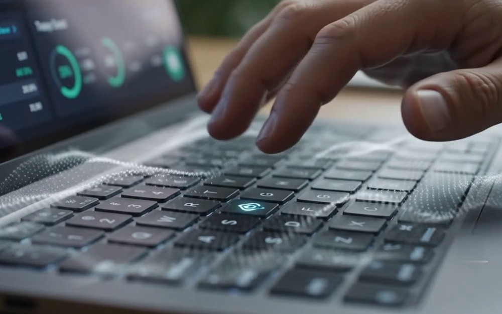 AI-driven GD8 Algorithm pipeline visualized on a laptop keyboard